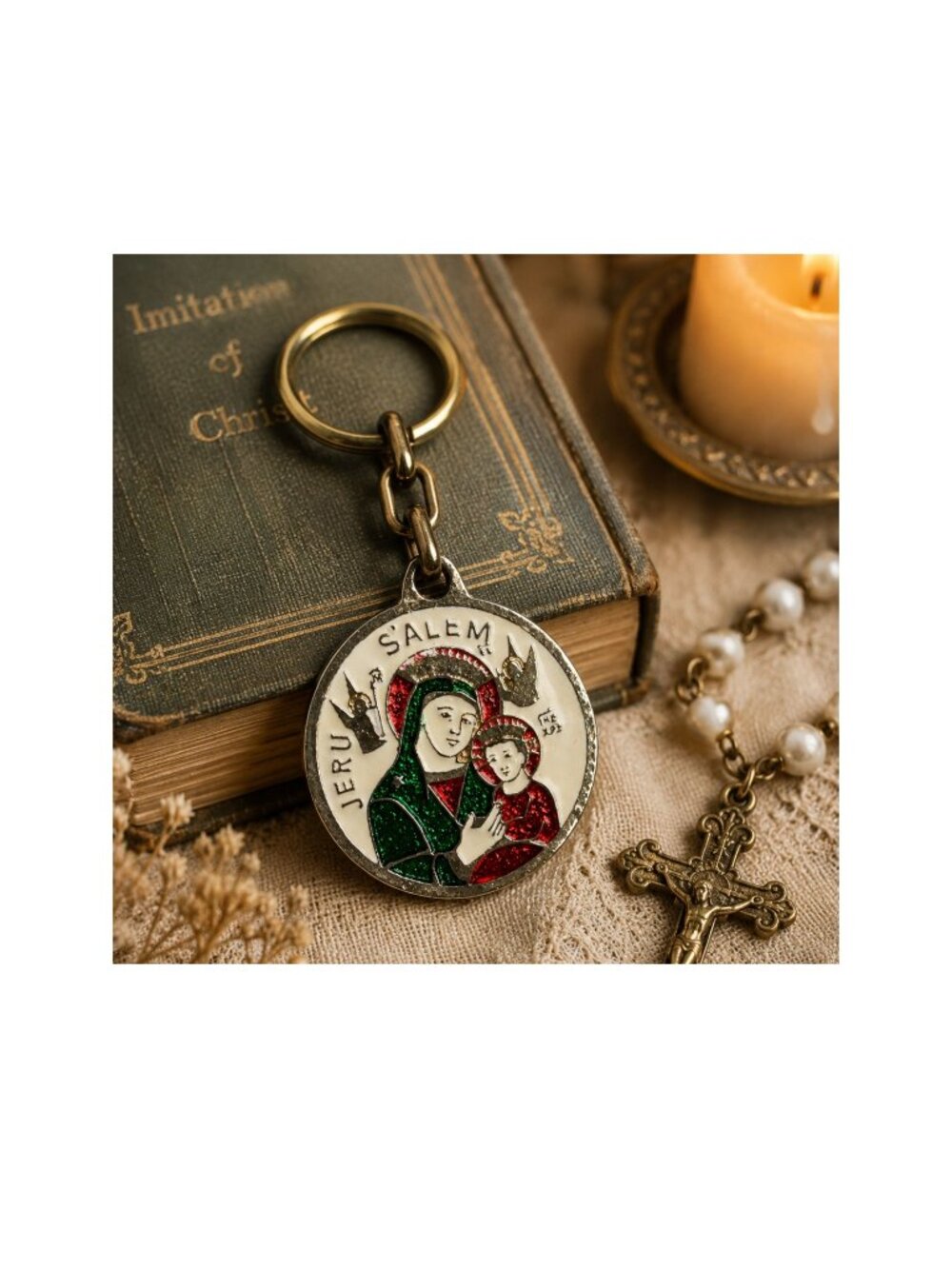 Vintage Jerusalem Salem Religious Keychain Madonna Child Enamel Holy Land Souven